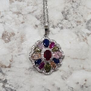New Vivid Colorful Gemstones Rhodium Necklace Pendant